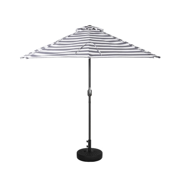 9 ft Half Market Umbella with Black Round Free Standing Plastic Base, Gray/White Stripe