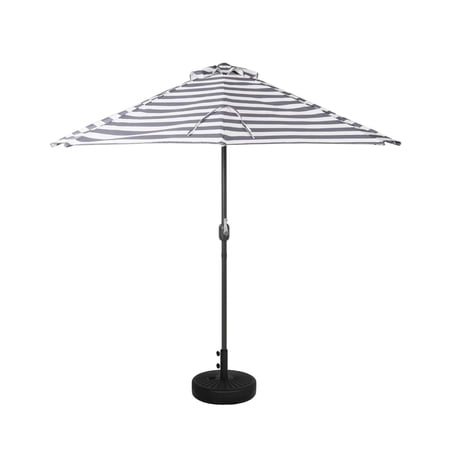 9 ft Half Market Umbella with Black Round Free Standing Plastic Base, Gray/White Stripe