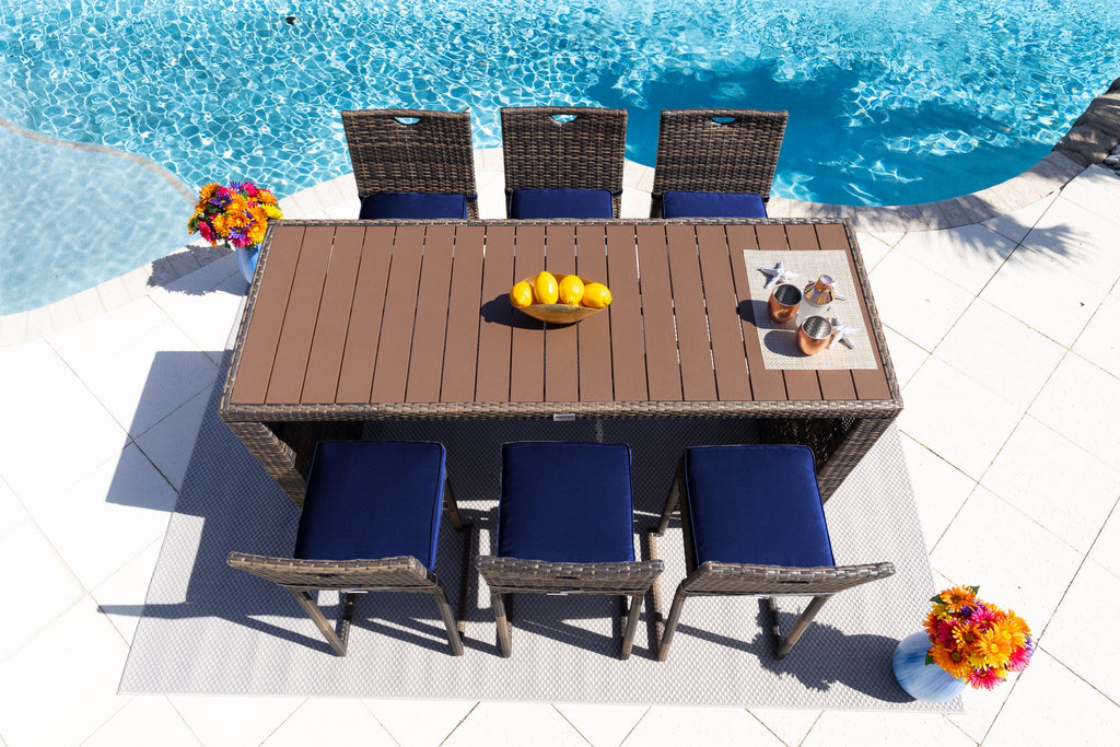 Sorrento 7-Piece Resin Wicker Outdoor Patio Furniture Bar Set in Brown w/Bar Table and Six Bar Chairs (Flat-Weave Brown Wicker, Sunbrella Canvas Navy) - image 5 of 5