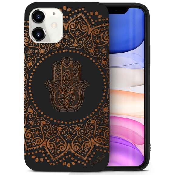 Case Yard Wooden Case for iPhone-11 Soft TPU Silicone cover Slim Fit Shockproof Wood Protective Phone Cover for Girls Boys Men and Women Supports Wireless Charging Hamsa Hand Mandala Design