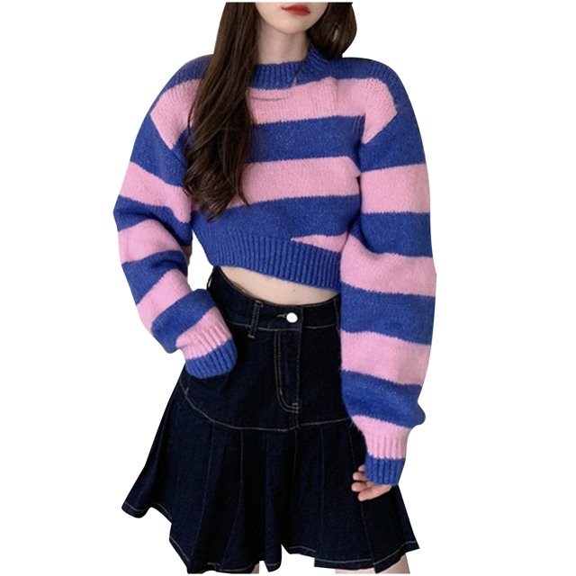 WEAIXIMIUNG Rainbow Contrasting Irregular Stripes Long Sleeve Fall/Winter 2024 Cropped Top Round Neck Wool Top