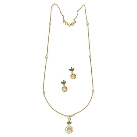 Women's 5mm Freshwater Oval Pearl Pendant Gold Plated Necklace Chain Set