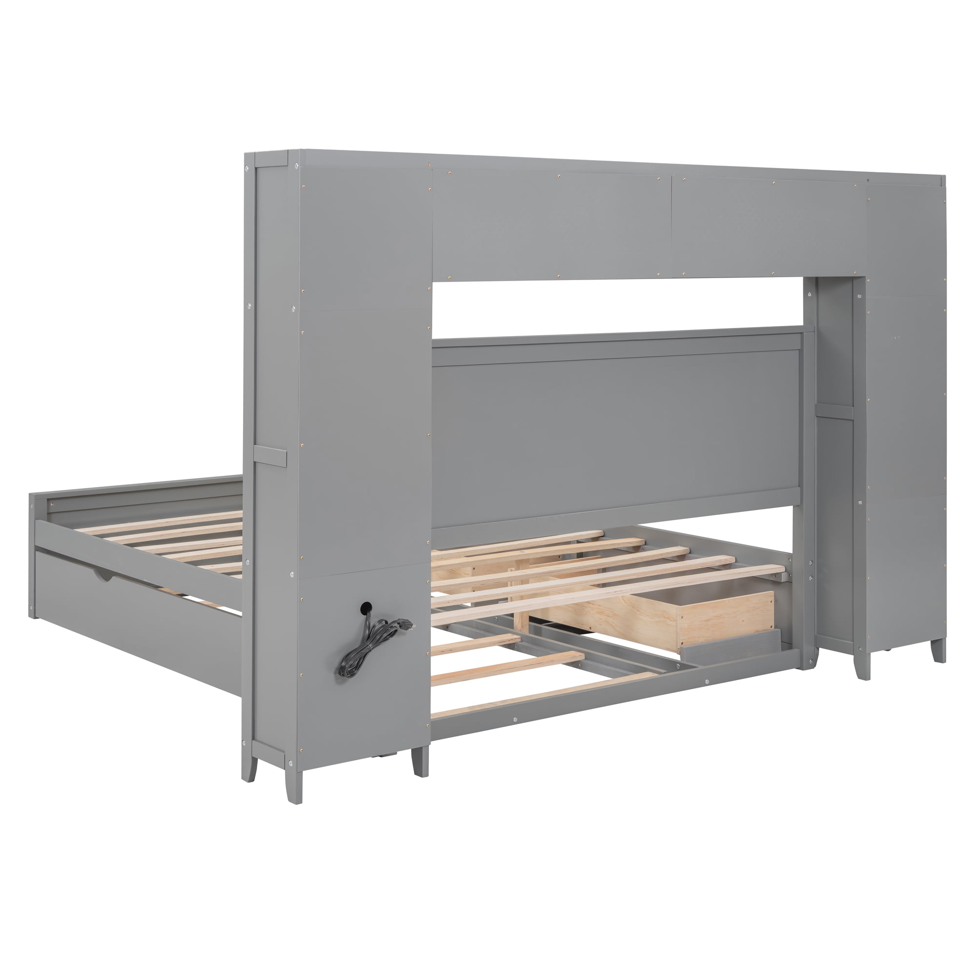 Aukfa Queen Size Bed Frame with All-in-One Cabinet and Shelves, Wooden Functional Bed with Trundle and Storage Drawers, USB Ports Outlets, Gray