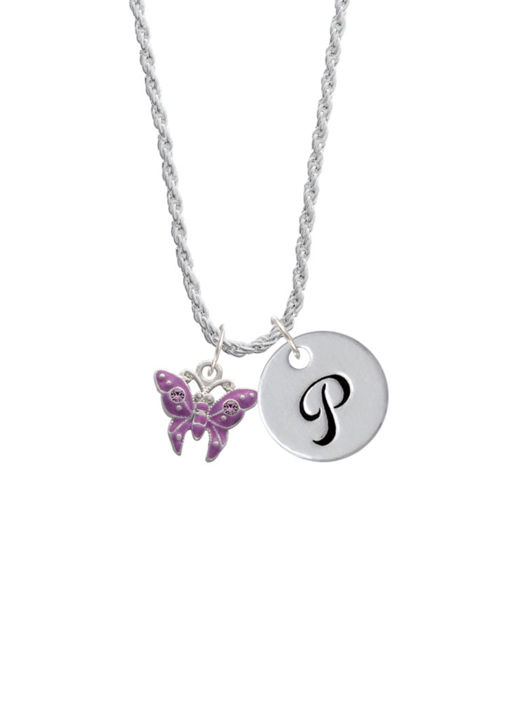 Delight Jewelry Silvertone Hot Purple Butterfly with 2 Crystals Silvertone Script Initial Disc - P - Charm Necklace, 20"+3"