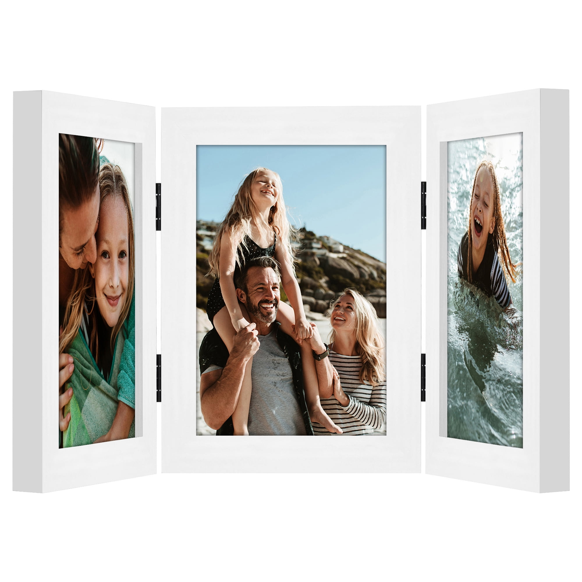 Americanflat Hinged 3 Photo Frame in White MDF - Desk Photo Frame for 4X6" Photos - Tri Folding Picture Frame For Desk - Displays 3 Photos with Shatter-Resistant Glass Covers