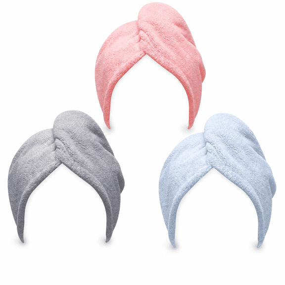 3 Pack Microfiber Hair Wrap Turban, Moisture-Resistant Easy to Clean Quick Drying Hair Towel for Long & Curly Hair, Multi Tone Blue Grey Pink