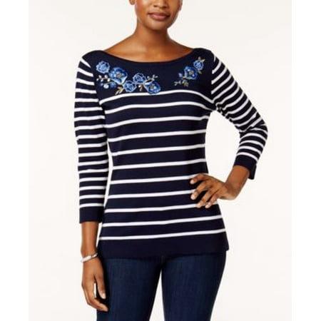 Navy Combo - Karen Scott Petite Appliqued Striped Swea Interpid Blue Combo PM