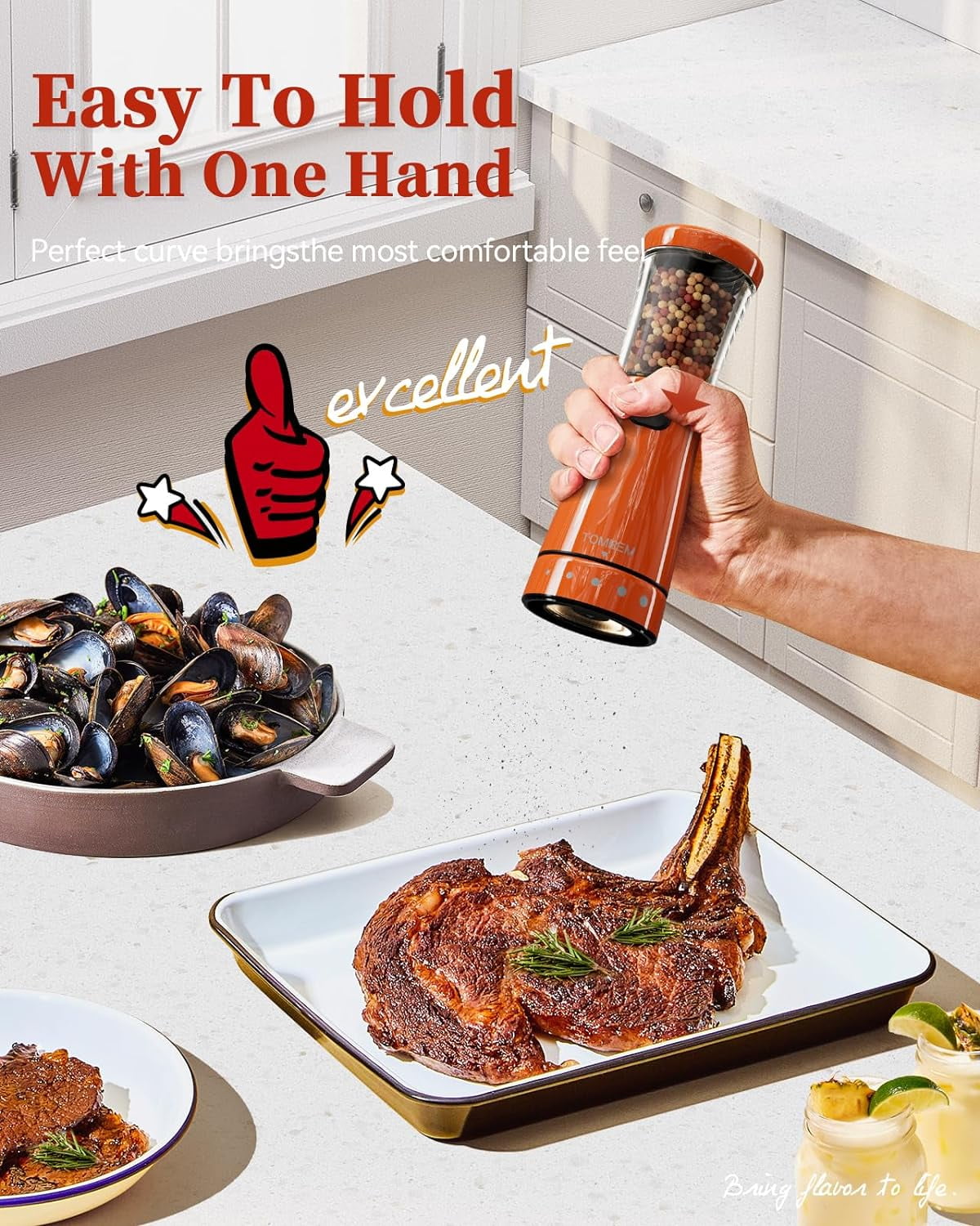 Electric Salt and Pepper Grinder Sets Automatic Adjustable Coarseness USB Rechargeable Mill Grinders Shakers With LED Light, Bright Orange