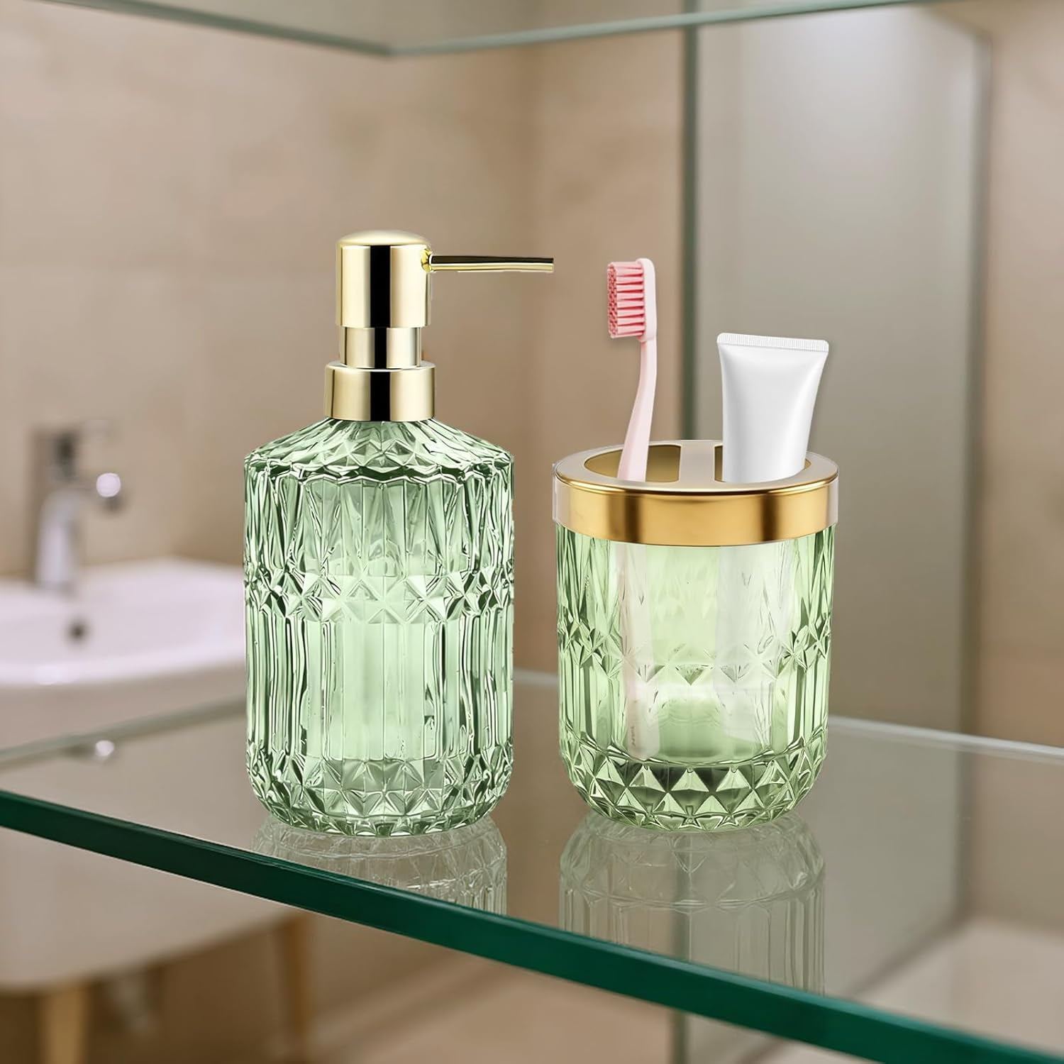 Bathroom Accessories Set, Glass Bathroom Accessories, Vintage Bathroom Countertop Decoration Includes Soap Dispenser, Toothbrush Holder