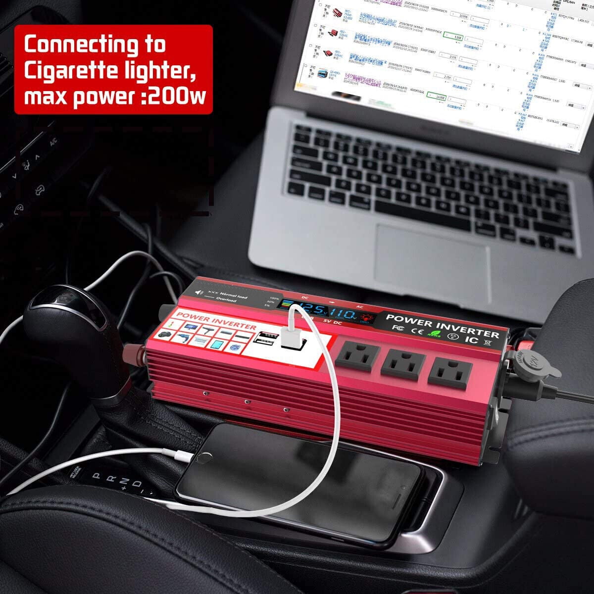 2000W Car Power Inverter DC 12V to AC 110V RV Solar Converter 3 AC 4 USB Outlets