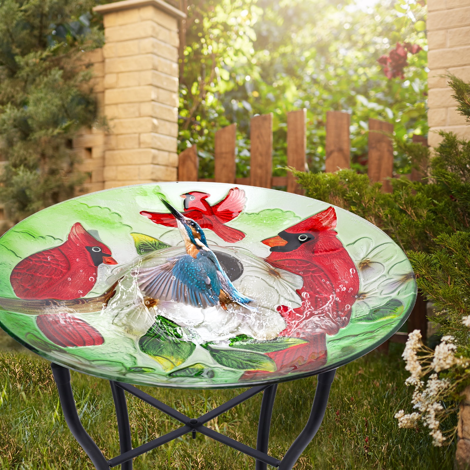 Outdoor Bird Bath, Solar Bird Bath, Red Bird Pattern, with Metal Stand, Attracts Birds,for Garden,Lawns,Patio