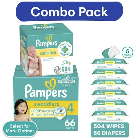 Pampers Swaddlers Diapers, Size 4, 66 Count and Pampers Sensitive Baby Wipes 6-Pack 504 Wipes (Select for More Options)