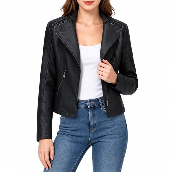AZoiNM Women's Faux Leather Moto Jacket, Lace-Up Shoulder Biker Coat, Asymmetrical Zip Lapel Motorcycle Jacket with Pockets, Fall Spring Outerwear