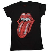 Official Rolling Stones Girls Distressed Tongue Black Short Sleeve Band Graphic Tee Unisex