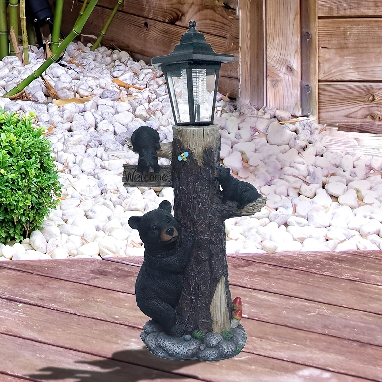Solar Welcome Bear Garden Light with LED 3 Cubs Climbing Tree Resin Outdoor Yard Decor