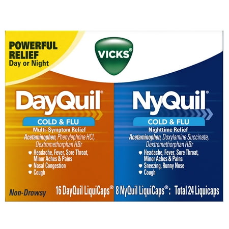 Vicks DayQuil & NyQuil Cough, Cold & Flu Relief Combo, 24 LiquiCaps (16 DayQuil, 8 NyQuil) - Relieves Sore Throat, Fever, and