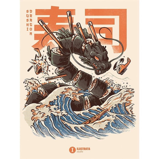 Ilustrata - Lienzo Impreso Sushi Dragon (Rosa, Negro, Azul)