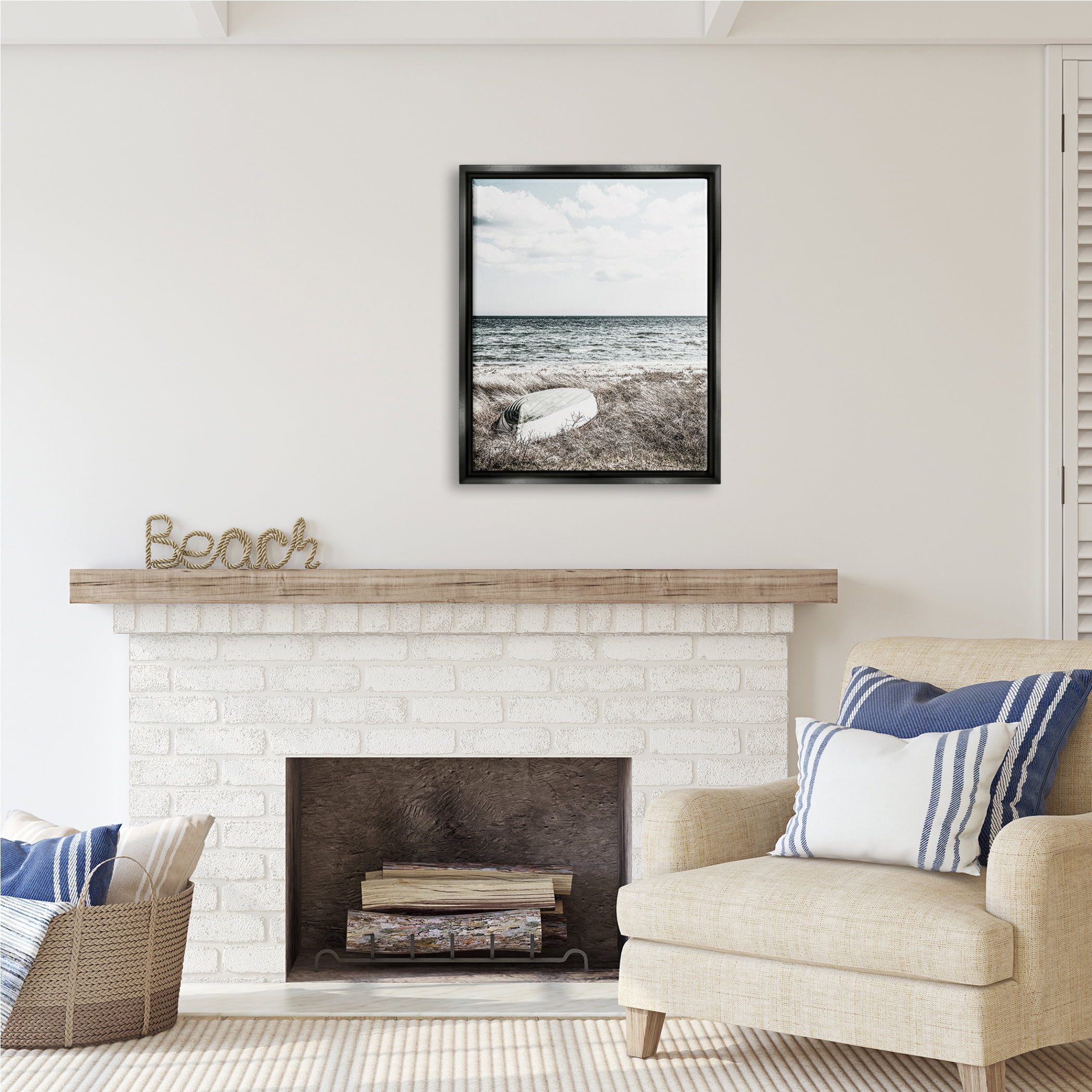 Stupell Industries Boat on Beach Coast Nature Photography Black Floater Framed Art Print Wall Art, 25 x 31