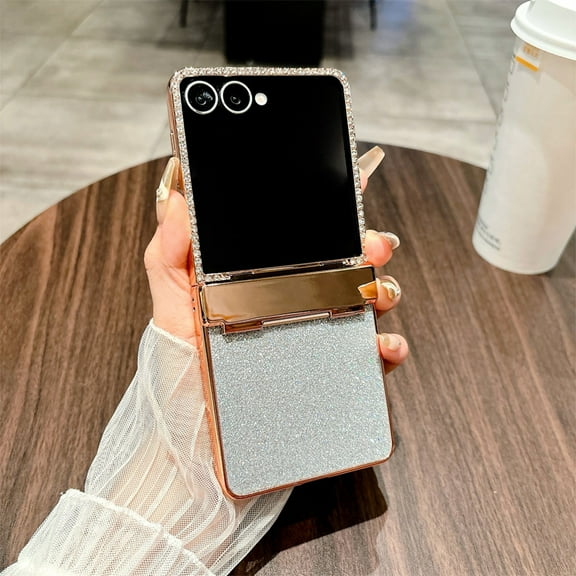ELEHOLD Bling Rugged Case For Samsung Galaxy Z Flip 7. Luxury Bling Crystal Glitter Style Plating Rugged Protective Case Hinge Cover For Women Girls, Silver