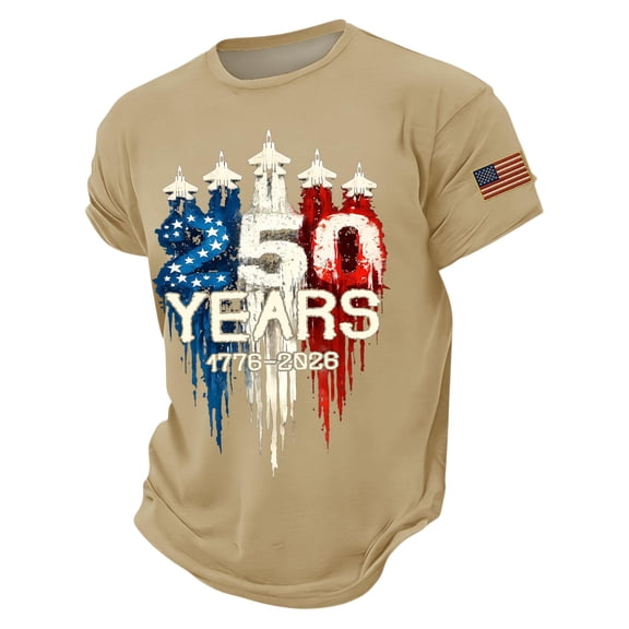 LNZGNM American Flag Shirts Men USA 250th Anniversary Short Sleeve T-Shirt Fashion Star Stripes Graphic Crewneck Shirts Outdoor Tees,Khaki XL