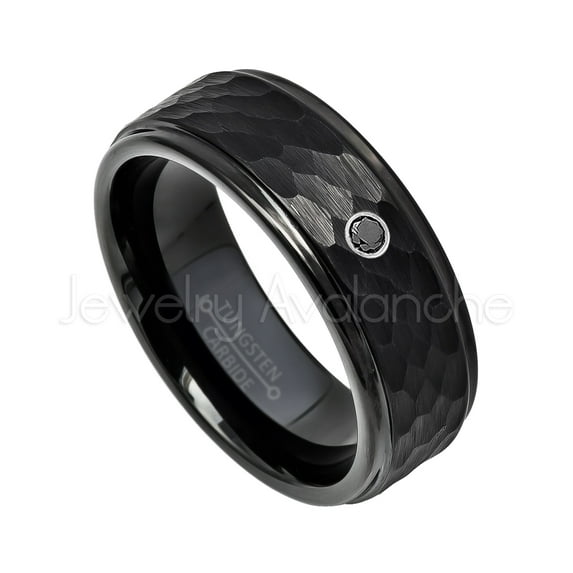 Hammered Black Tungsten Ring - 0.07ct Solitaire Black Diamond Ring - Personalized Tungsten Wedding Ring - Custom Made April Birthstone Ring TN614BS