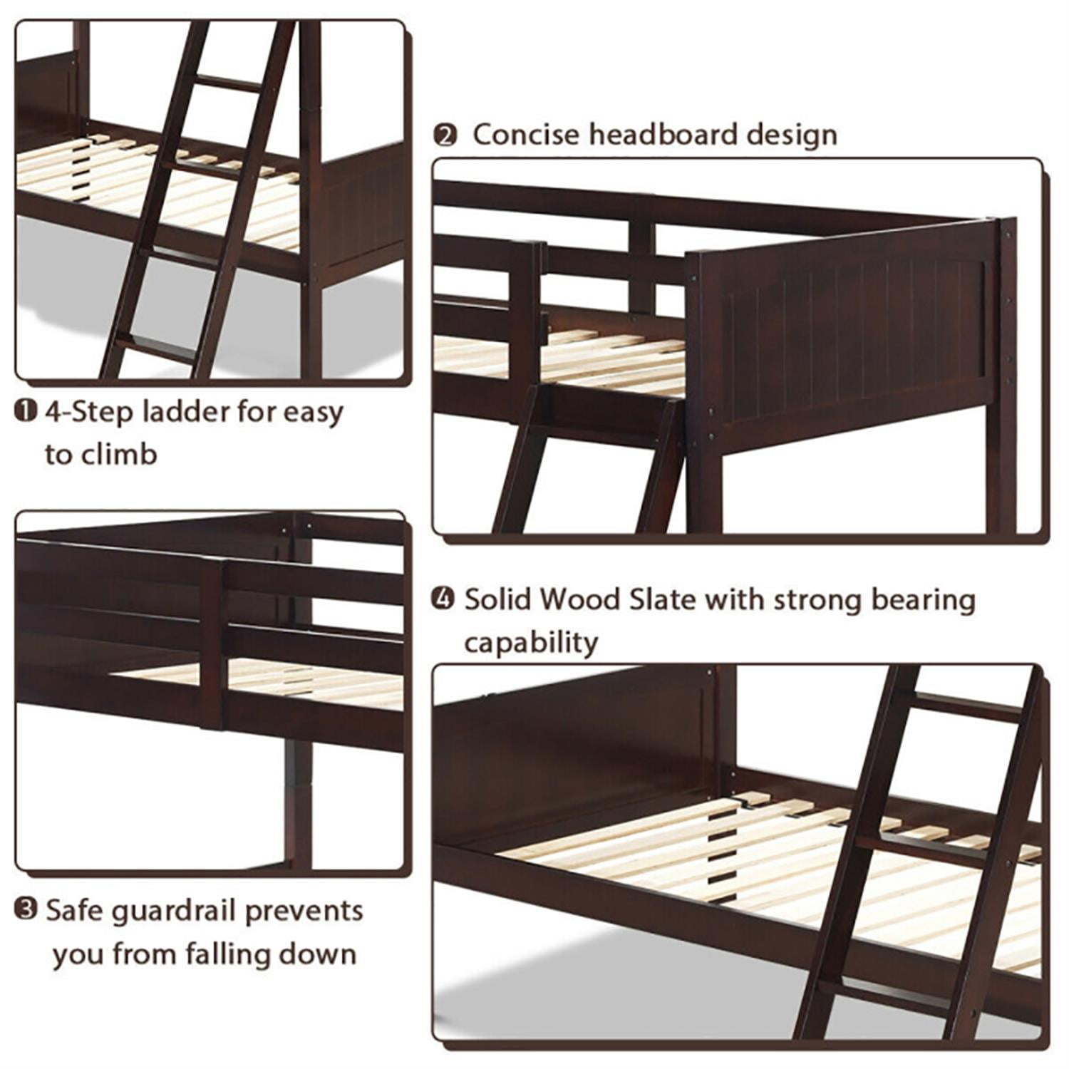 Demi Bonn Solid Wood Twin Over Twin Bunk Bed with Ladder, Twin Bunk Beds, Converts to 2 Individual Twin Beds, Brown