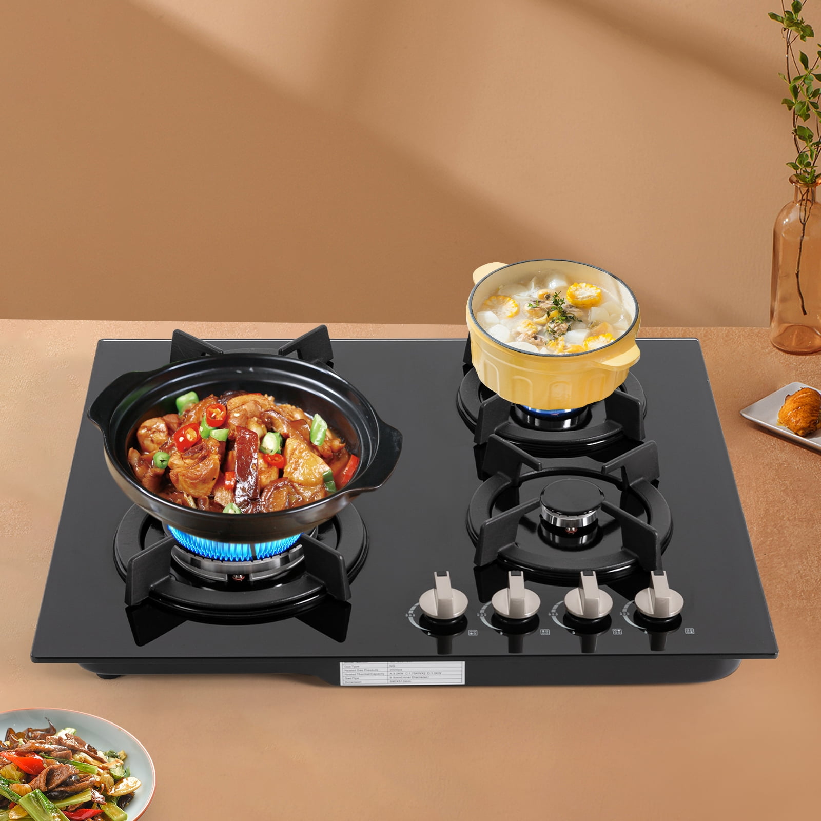 Gas Cooktop Stove Top 4 Burners NG/LPG Built-in Kitchen Gas Stove Tempered Glass for Homes, Restaurants