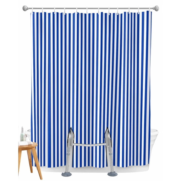 Split Shower Curtain for Transfer Bench, Navy Blue Stripe Fabric Shower Curtains for Bathroom, Modern White Vertical Striped Geometric Tub Sliding Transfer Bench Waterproof Bath Curtains 72"x96"