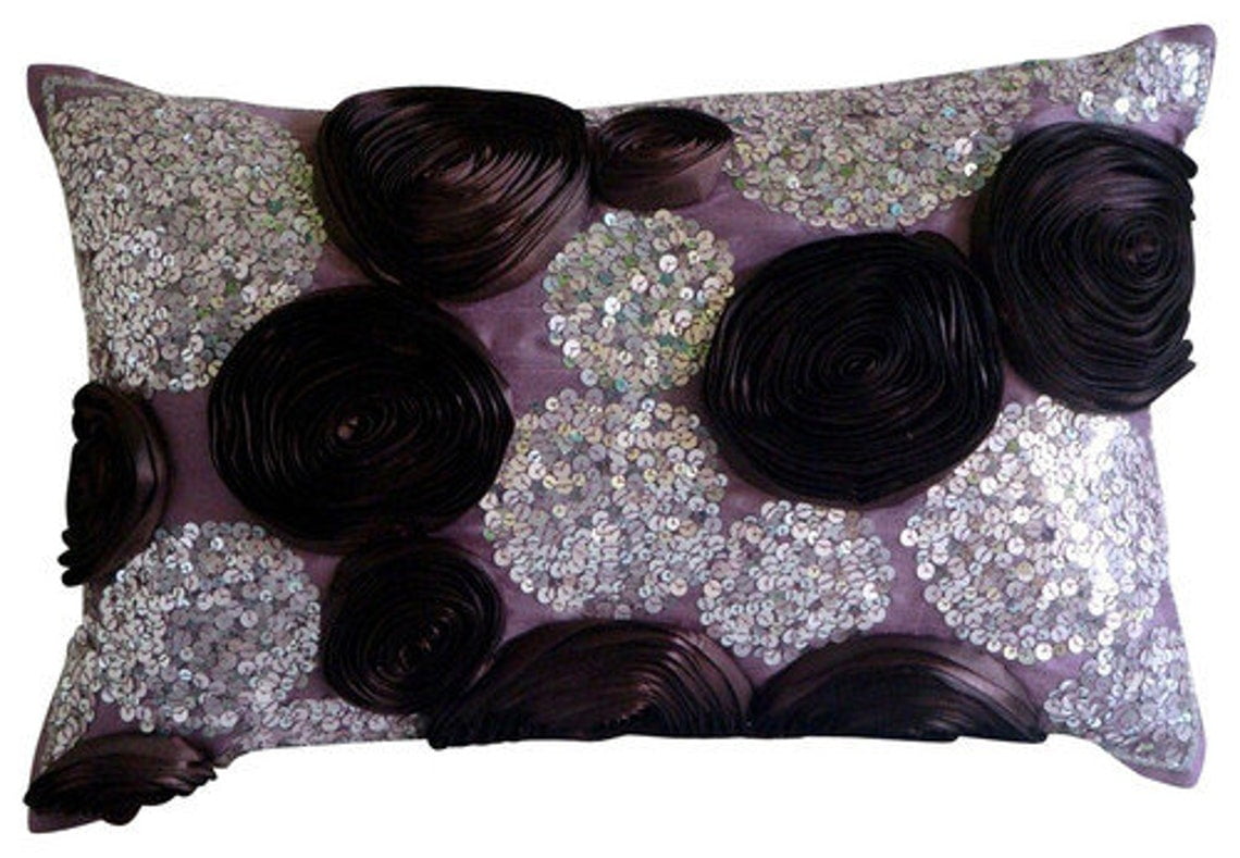 Purple Lumbar Pillow Cover, Ribbon Rose Flower Lumbar Pillow Cover