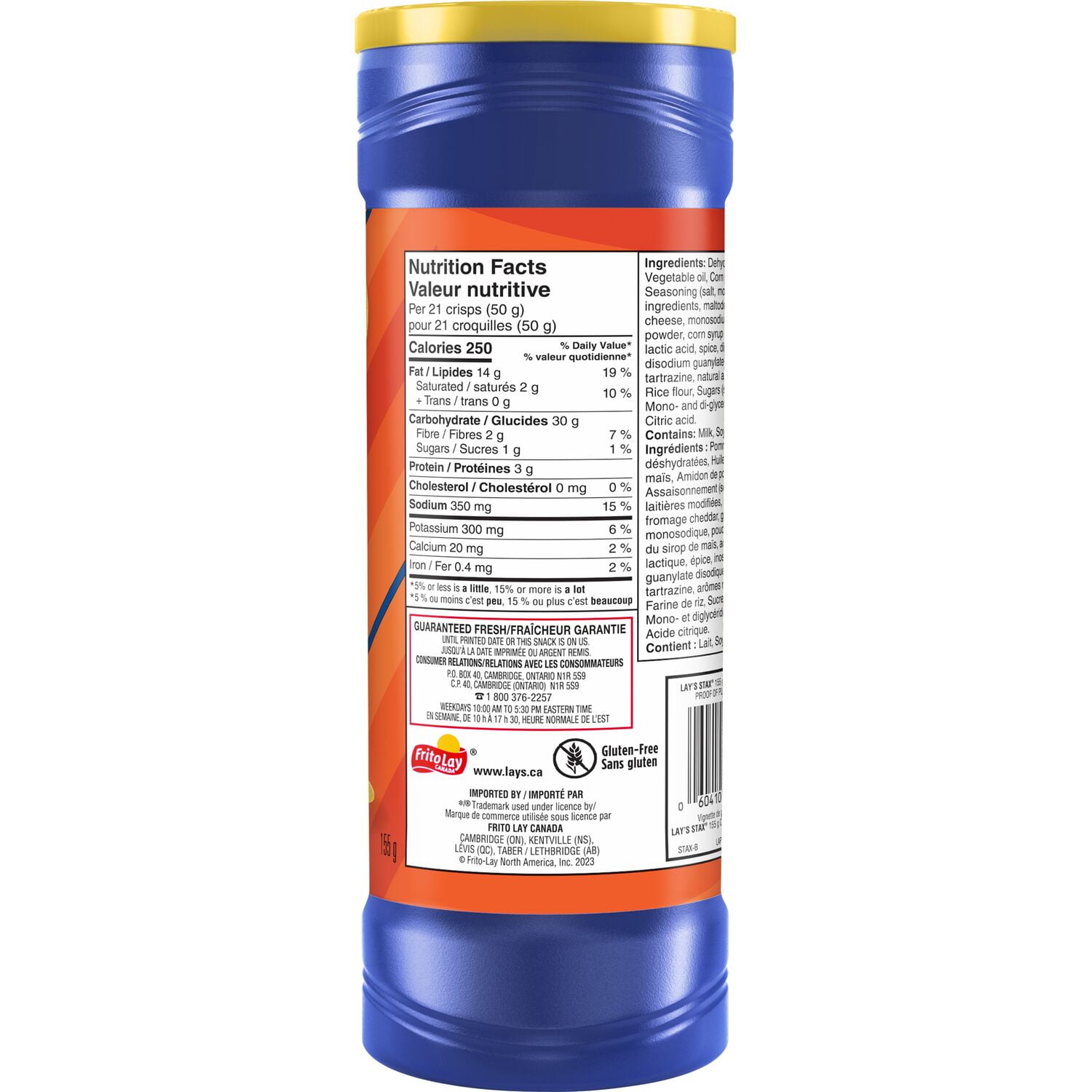 Lay's STAX Cheddar flavoured Potato Crisps, 155 g.