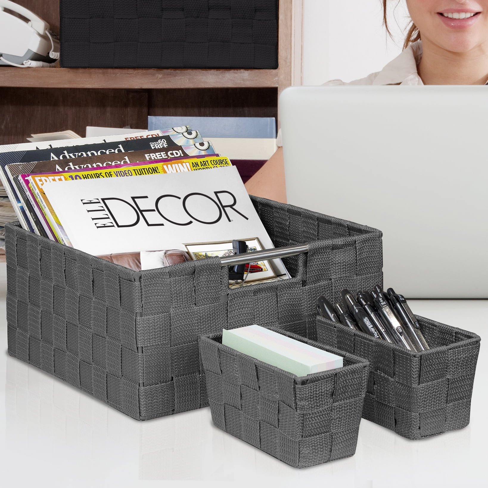 Sorbus Storage Box Woven Basket Bin Container Tote Cube Organizer Set Stackable Storage Basket Woven Strap Shelf Organizer Built-in Carry Handles (7 Piece - Grey)