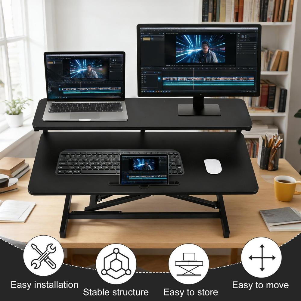 37 inch Desk Converter, Height Adjustable Sit to Stand Riser, Monitor and Laptop Workstation with Wide Keyboard Tray, Black
