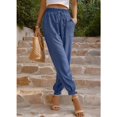 thumbnail image 3 of Pantalones largos de cintura alta para mujer, color puro, elásticos, 2 bolsillos, sencillos, cómodos, de color liso, con lazo en el tobillo, color azul L, 3 of 8