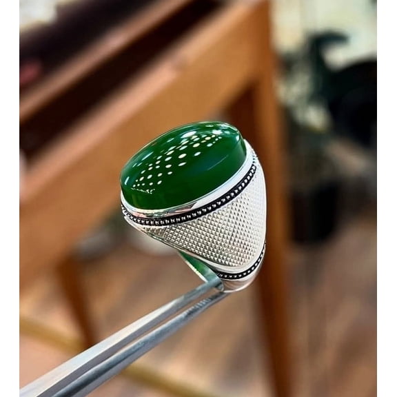 Maa Karni Green Aqeeq Ring For Men's Natural Yemeni Aqeeq Stone Rings Islamic Rings Natural Agate rings 925 sterling silver jewelry Ring for Men,New Year Anniversary Gift