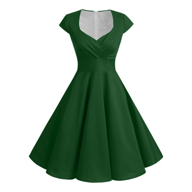 Vestido retro de fiesta liso para mujer: diseño informal de corte A, cintura alta para diversas ocasiones, tallas S-XXL.