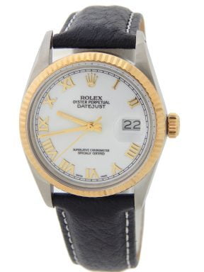 Pre-Owned Mens Rolex Two-Tone 18K/SS Datejust Watch with White Roman Dial 16013