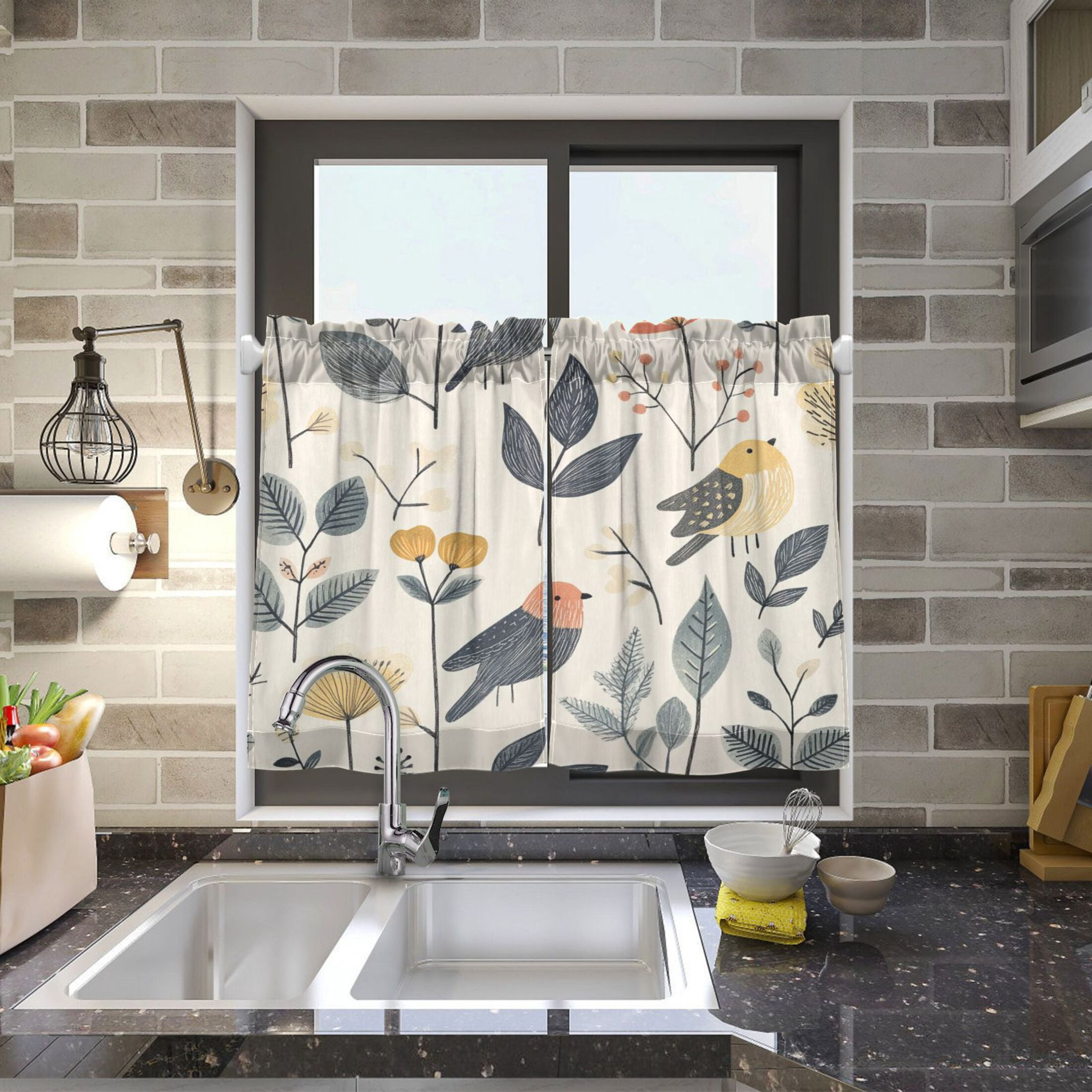 Hand Drawn Bird 27"x36" Linen Look Cafe Curtain Set with Privacy and UV Protection