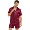 thumbnail image 4 of Ahabrexf Mens Silk Pajama Set for Men Solid Color Collared Short Sleeve Button Down Top with 5 Point Bottoms 2 Pc, 4 of 7