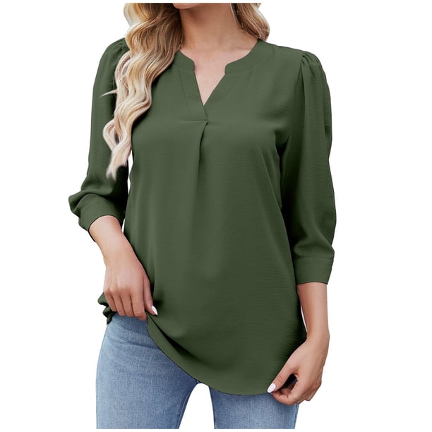 Camisa de gasa de manga 3/4 suelta de color sólido informal con estilo para mujer OAVQHLG3B Store lin121212