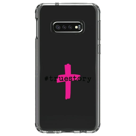 DistinctInk Clear Shockproof Hybrid Case for Samsung Galaxy S10e (5.8" Screen) - TPU Bumper Acrylic Back Tempered Glass Screen Protector - #truestory - Cross - Christian - Hot Pink