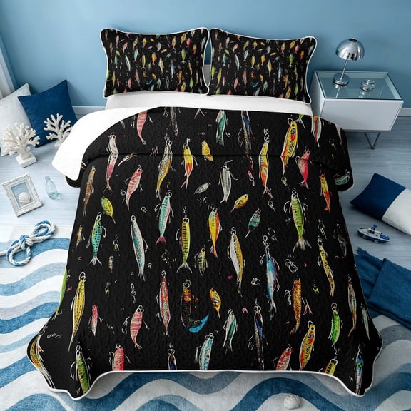 Erosebridal Cartoon Fish Twin Quilt Set, Cute Wildlife Twin Coverlet Set, Black Reversible 2-Piece, 1 Bedspread and 1 Pillowcase