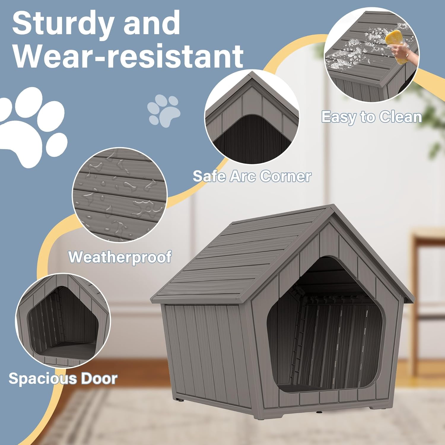 Sunny Lane Dog House Outdoor Indoor for Small Dogs - Plastic Pet Shelter, Easy-Assemble & Weather-Resistant for Living Room, Balcony (Grey, 18" L x 22.4" W x 22.2" H)