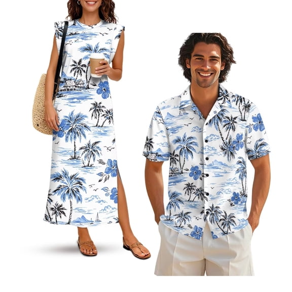 Uorisanigo Hawaii White Couples' Outfits Husban and Wife Clothing Short Sleeve Shirt for Men Size S Hawaiian Tops and Women's Summer Dress Maxi Beach Vacation Sundress