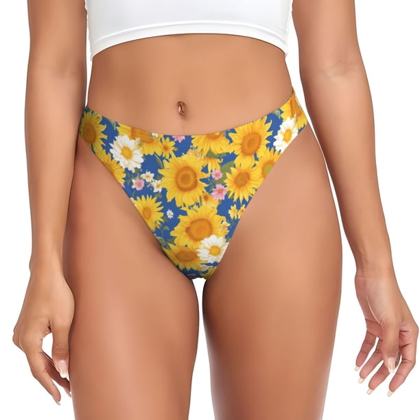 Balery Vintage White Yellow Sunflower Tangas de Algodón para Mujer con Estampado – Ropa Interior Sexy, Transpirable, G-string-X-Small