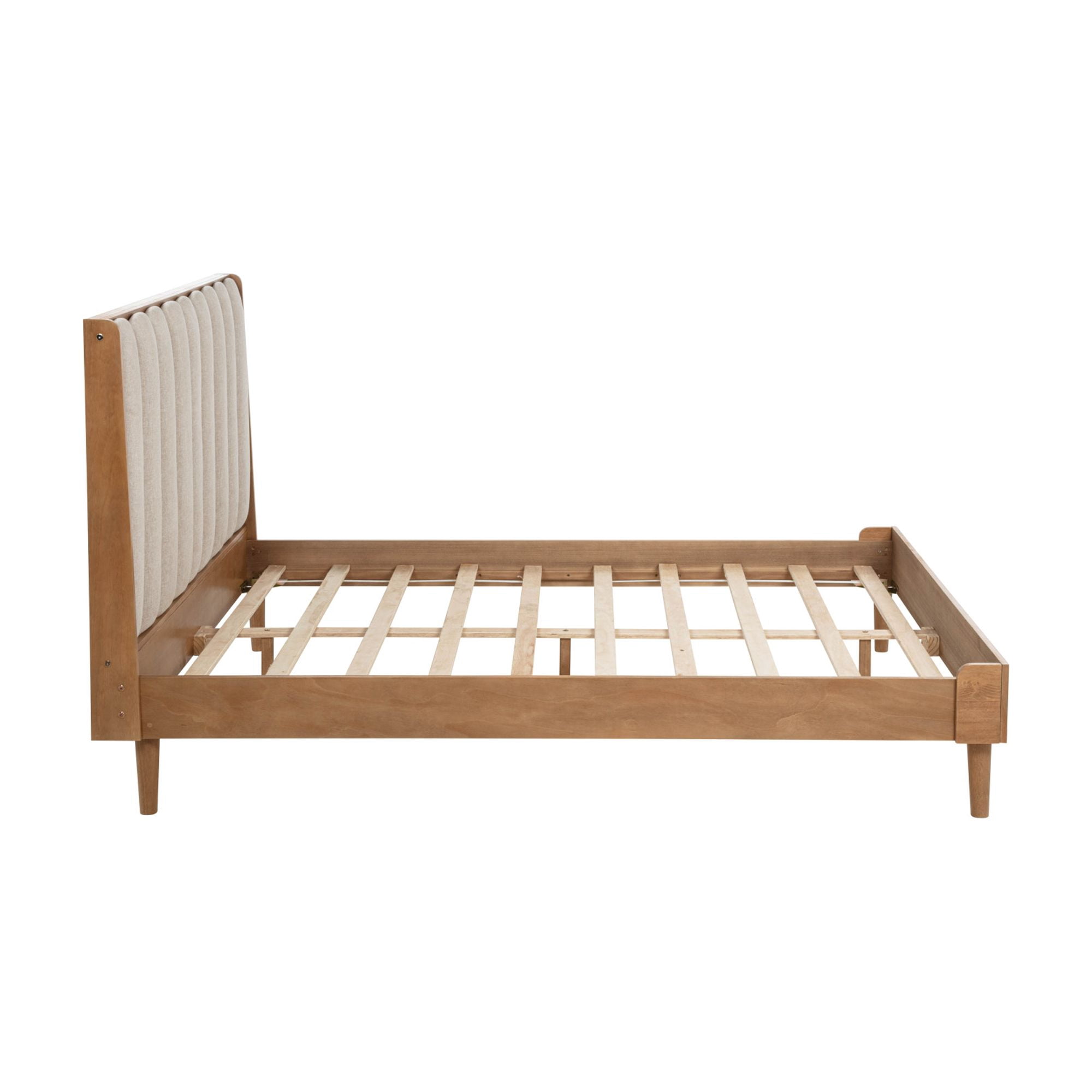 HOQBN Queen Size Wood Bed with Piano Key Style Upholstered Headboard , Wood Bed with Strengthened Bed Frame, Wheat