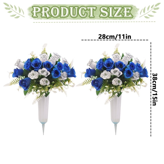 1Pcs Artificial Cemetery Flowers with Vase for Grave Silk Memorial Rose Flowers Outdoor Grave Flowers for Grave Vase Cemetery Flower Arrangements, Blue & White