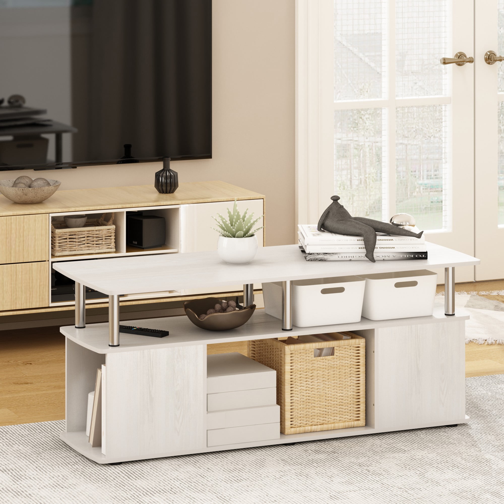 Furinno JAYA Utility Design Coffee Table, White Oak, Stainless Steel Tubes