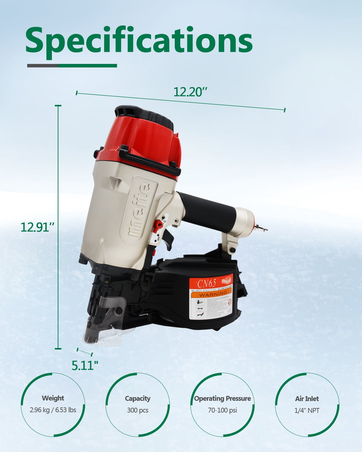 meite CN65 Pneumatic Coil Siding Nails Nailer Wood Working Guns for 15 Degree 1-1/2-inch to 2-1/2-inch Length Nails