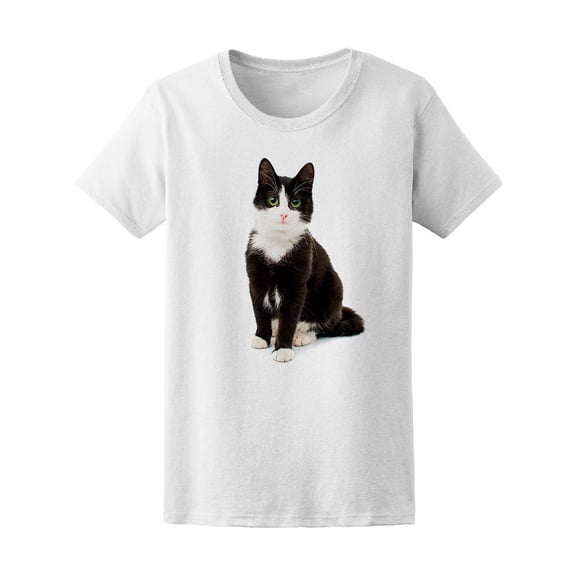 Black & White Cat Big Green Eyes T-Shirt Women -Image by Shutterstock, Female Medium