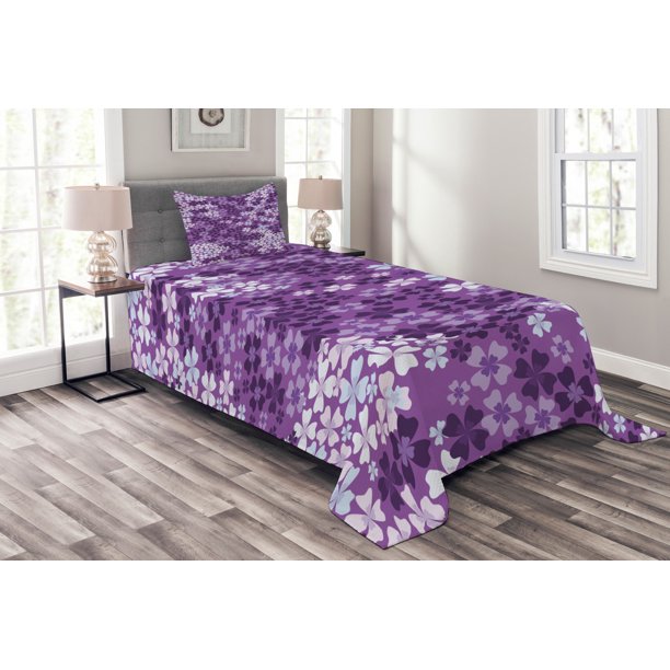 Flower Bedspread Set Twin Size Lilac Flowers Blossoms In Spring Romantic Stylish Meadow Happy Fun Countryside Quilted 3 Piece Decor Coverlet With Pillow Sham Purple White By Ambesonne Com Flower Bedspread Set Twin Size Lilac, Lilac King Size Bedspread